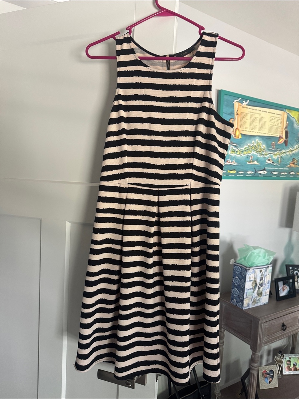 THML Black and Cream Striped Asymmetrical Dress